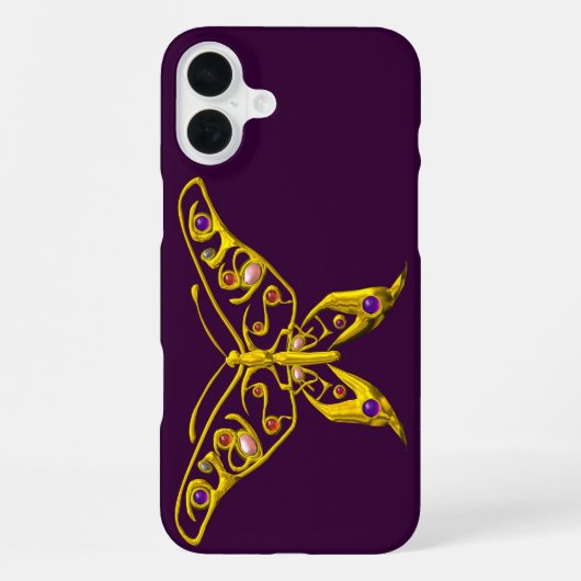 Coque iPhone 16 Plus PAPILLON HYPER EN OR AVEC GEMMES ,Violet (Verso)