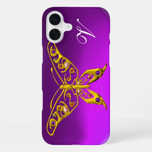 Coque iPhone 16 Plus PAPILLON HYPER OR GEMMES, MONOGRAMME Violet (Verso)