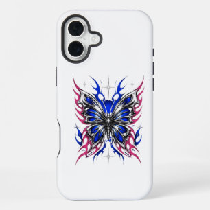 Coque iPhone 16 Plus Papillon métallique bleu rose flammes – Gothique