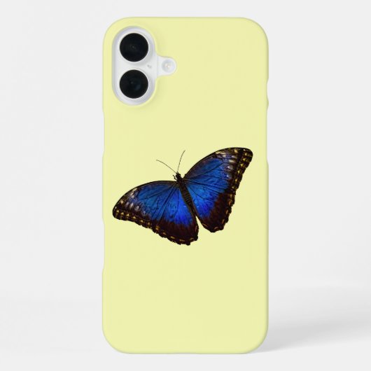 Coque iPhone 16 Plus Papillon Morpho Bleu sur Canari (Verso)