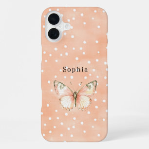 Coque iPhone 16 Plus Papillon Points Blancs Rose Féminin