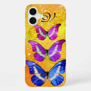 COQUE iPhone 16 PLUS PAPILLONS BLEUS VIOLETS ROSE EN JAUNE OR