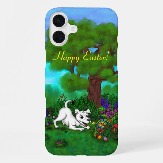 Coque iPhone 16 Plus Pâques - Chiot Capo et Papillon (Verso)