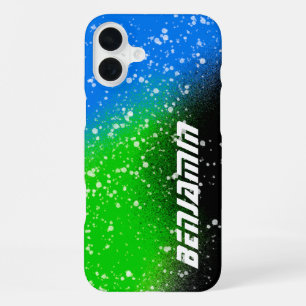 Coque iPhone 16 Plus Peinture Spray noir vert et bleu Nom Coque-Mate iP