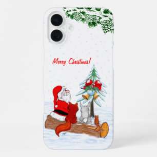 Coque iPhone 16 Plus Père Noël avec Renard de lapin et écureuil