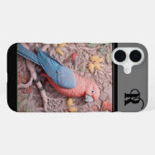 Coque iPhone 16 Plus Perroquet et fleurs 3D modernes monogramés (Verso Horizontal)