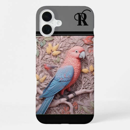 Coque iPhone 16 Plus Perroquet et fleurs 3D modernes monogramés (Verso)