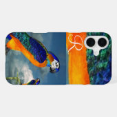 COQUE iPhone 16 PLUS PERROQUETS HYPER / MONOGRAMME ARA BLEU (Verso Horizontal)