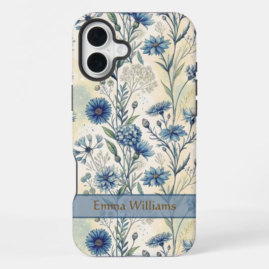 Coque iPhone 16 Plus Personalized Name Blue Wildflowers (Verso)