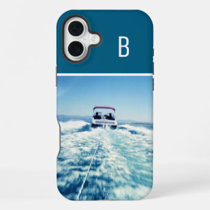 Coque iPhone 16 Plus Photo vertical de sports aquatiques monogrammé ble