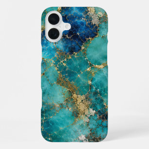 Coque iPhone 16 Plus Pierre Turquoise de Luxe avec Veines d'Or Élégante