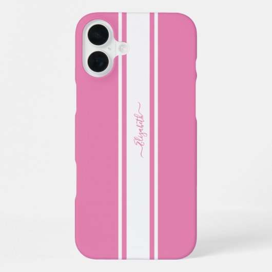 Coque iPhone 16 Plus Pink White Racing Stripes Monogrammed Girly Chic (Verso)