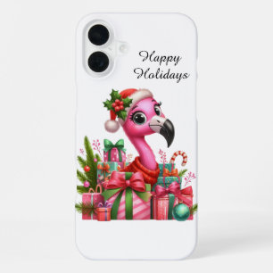 Coque iPhone 16 Plus Plage de Noël festive flamant rose personnalisable
