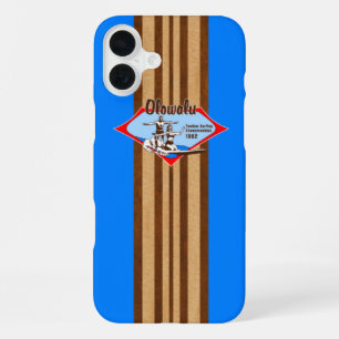 Coque iPhone 16 Plus Planche de surf en bois faux hawaïen bleu Tandem S