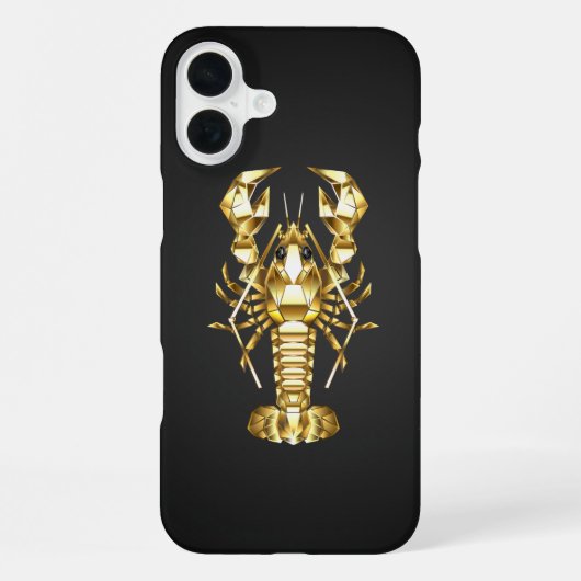 Coque iPhone 16 Plus Poisson à langouste polygonale dorée sur noir (Verso)