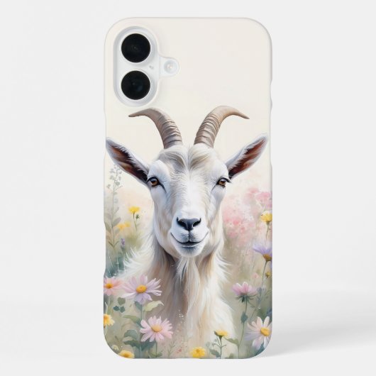Coque iPhone 16 Plus Portrait de chèvre dans un champ de fleurs pastel (Verso)