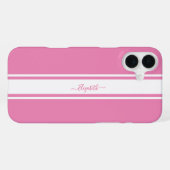Coque iPhone 16 Plus Rayes de course roses et blanches Monogramme Chic (Verso Horizontal)