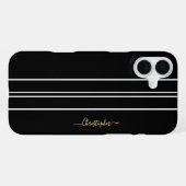 Coque iPhone 16 Plus Rayures de course Noir Blanc Chic Monogrammé en Or (Verso Horizontal)