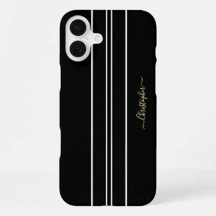 Coque iPhone 16 Plus Rayures de course Noir Blanc Chic Monogrammé en Or