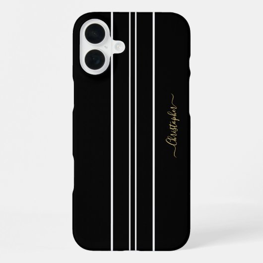 Coque iPhone 16 Plus Rayures de course Noir Blanc Chic Monogrammé en Or (Verso)
