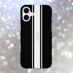 Coque iPhone 16 Plus Rayures de course Noir Blanc Classique Monogramme