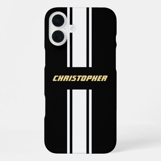 Coque iPhone 16 Plus Rayures de course Noir Blanc Classique Monogramme (Verso)