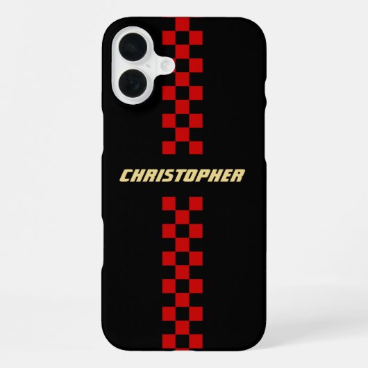 Coque iPhone 16 Plus Red Black À damiers Racing Drapeau Or Monogrammé (Verso)