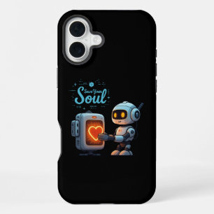 Coque iPhone 16 Plus Robot Mignon qui Sauve Votre Âme en Tenant un Cœur