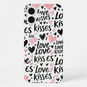 COQUE iPhone 16 PLUS ROSE AVEC AMOUR ET COEURS NOIRS