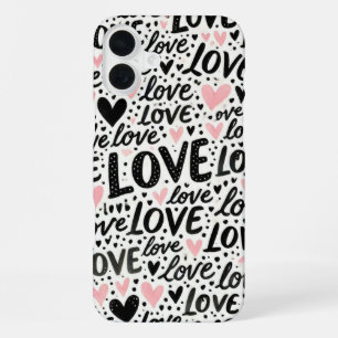 COQUE iPhone 16 PLUS ROSE AVEC AMOUR NOIR ET CŒURS