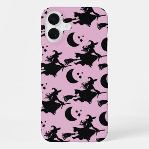 COQUE iPhone 16 PLUS ROSE AVEC DES SORCIÈRES NOIRES VOLANT SUR DES MANC