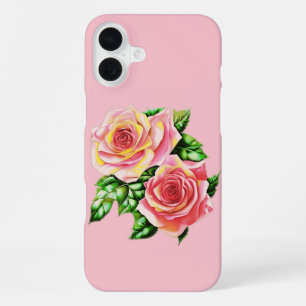 Coque iPhone 16 Plus Roses roses corail avec feuilles vert jade