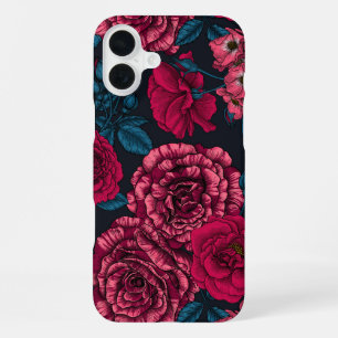 Coque iPhone 16 Plus Roses roses et bi-color avec des feuilles bleues s