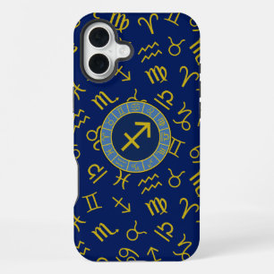 Coque iPhone 16 Plus Sagittaire Zodiaque+Symboles d'Astrologie Ptn Gld+