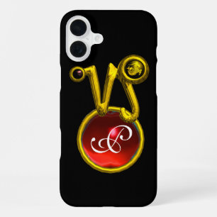 Coque iPhone 16 Plus Signe du zodiaque CAPRICORNE OR RUBIS ROUGE MONOGR