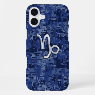 Coque iPhone 16 Plus Signe du zodiaque Capricorne sur camouflage bleu m