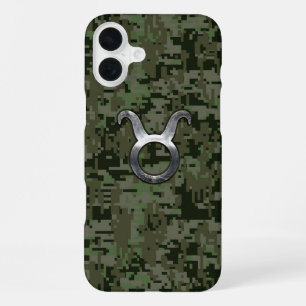 Coque iPhone 16 Plus Signe du zodiaque Taureau sur camouflage vert
