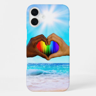 Coque iPhone 16 Plus SlipperyJoe dégradé de cœur arc-en-ciel vibrant in