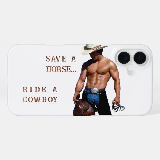 Coque iPhone 16 Plus SlipperyJoe's save horse ride paille cowboy casque (Verso Horizontal)