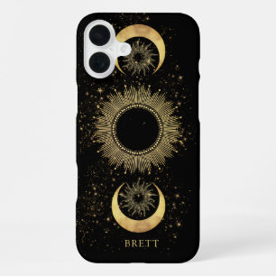 Coque iPhone 16 Plus Soleil céleste personnalisé étoiles Lune Noir Or
