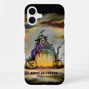 Coque iPhone 16 Plus Sorcière et chat noir, Joyeux Halloween !