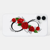Coque iPhone 16 Plus Symbole d'infini avec les roses rouges (Verso Horizontal)
