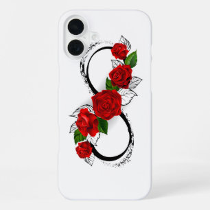 Coque iPhone 16 Plus Symbole d'infini avec les roses rouges