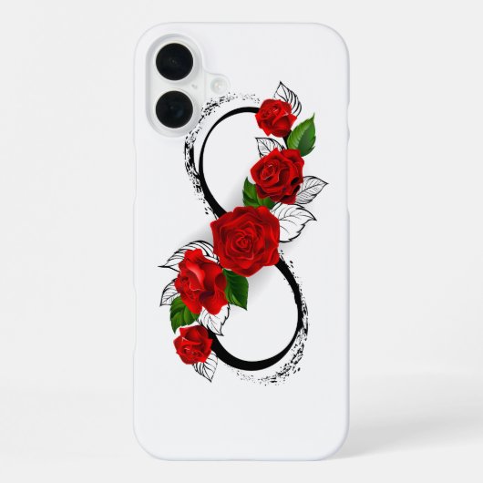 Coque iPhone 16 Plus Symbole d'infini avec les roses rouges (Verso)