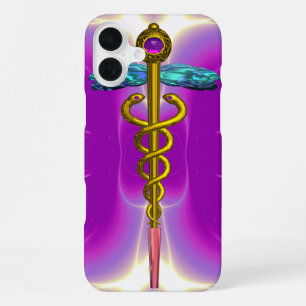 Coque iPhone 16 Plus SYMBOLE MÉDICAL CADUCÉE OR Rose Violet Pourpre