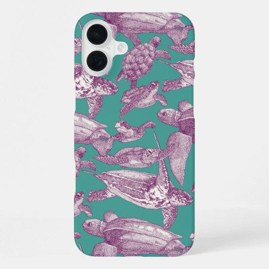 Coque iPhone 16 Plus tortues de mer violet turquoise (Verso)