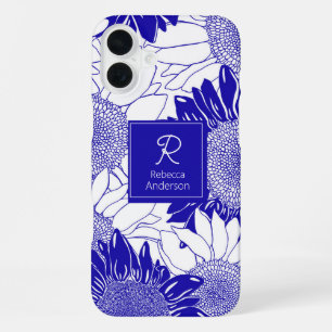 Coque iPhone 16 Plus Tournesol Personnalisé Bleu Et Blanc