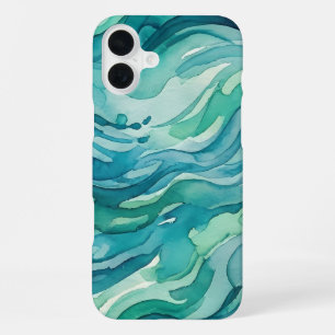 Coque iPhone 16 Plus Vagues océaniques à l'aquarelle sarcelle