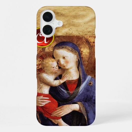 Coque iPhone 16 Plus VIERGE À L'ENFANT Monogramme Rubis Rouge (Verso)