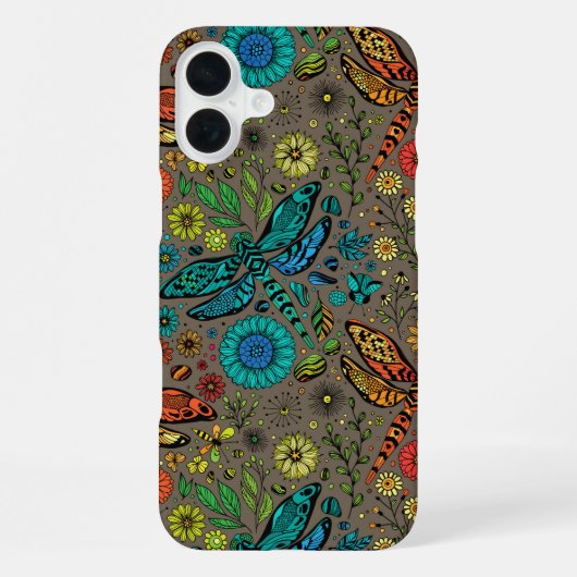 Coque iPhone 16 Plus Voler, voler libellule sur brun (Verso)